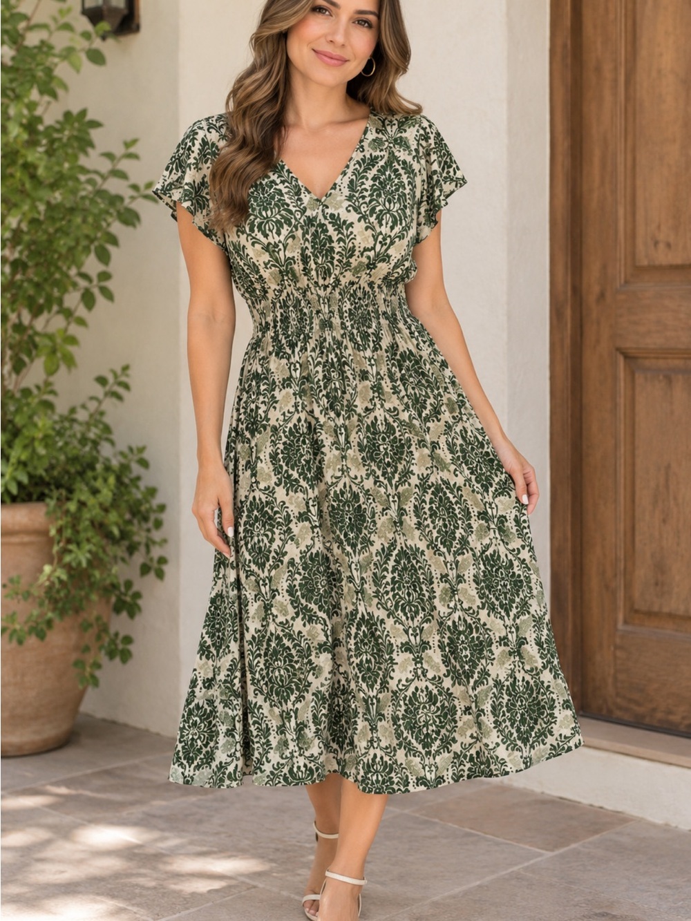 Cream Midi Dress with Green Damask Print